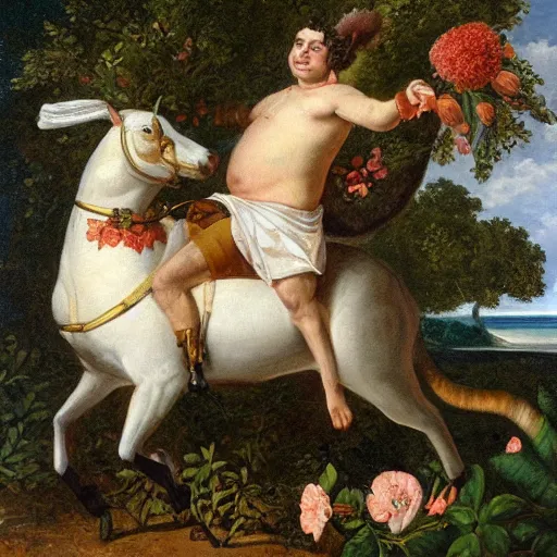 Image similar to a giant squirrel carrying napoleon bonaparte on its back, beach scene with flowers and foliage, detailed oil painting