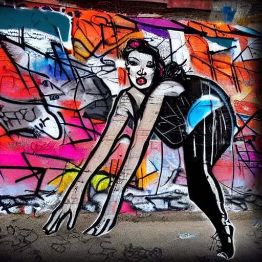 Prompt: abstract rough rugged graffiti art of a pinup girl