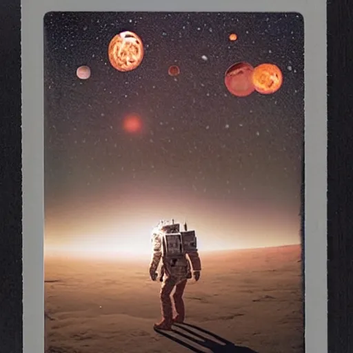 Prompt: Austronauts walk on the surface of Proxima B, Polaroid, realistic, detailed, award winning, exoplanet