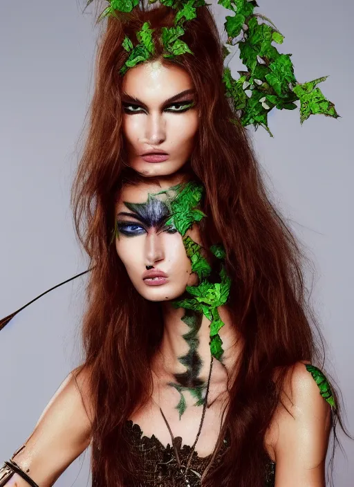 Image similar to A beautiful portrait of Ophelie Guillermand as Poison Ivy from Batman as a Versace fashion model Spring/Summer 2012, highly detailed, in the style of cinematic, Getty images, Milan fashion week backstage, Makeup by Pat McGrath, Greg rutkowski