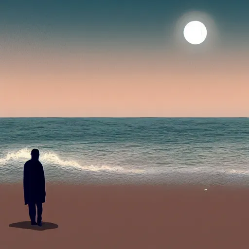 Prompt: A lone man at the beach watching the tsunami wave forming on the horizon, top post of /r/ConceptArt subreddit