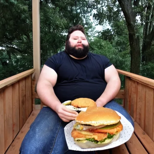 Prompt: overweight 2 0 year old with messy black hair and big beard eating burgers and chicken nuggets on his back porch table