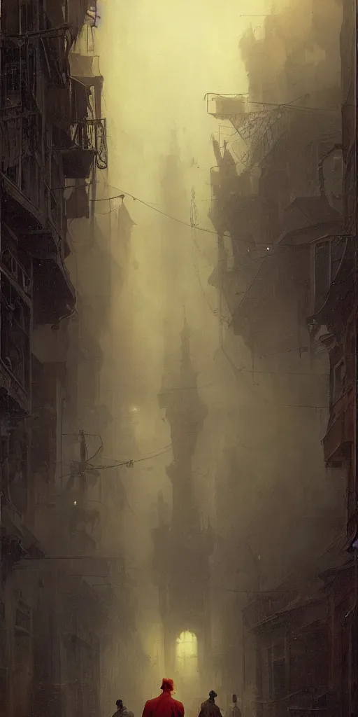 Image similar to a street of a city in 1 9 4 0 with yellow light on from the windows during the night, a men stand up under a light, mystical red fog, oil on canvas, art by andreas achenbach, clemens ascher, tom bagshaw and sabbas apterus,