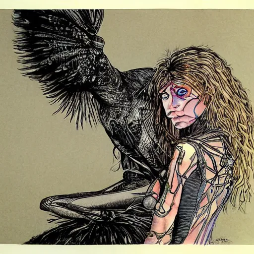 Prompt: half human half raven teen girl by Ian Miller