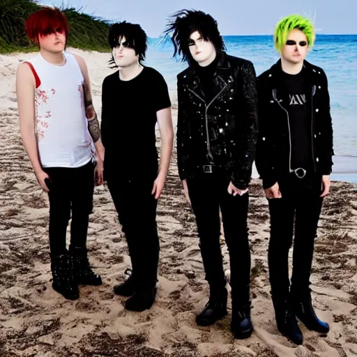 Prompt: holiday photos of My Chemical Romance on holiday at the beach