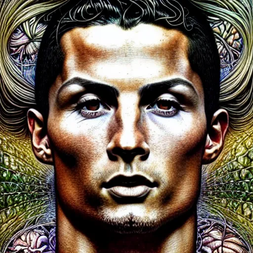 Image similar to detailed realistic beautiful cristiano ronaldo portrait by jean delville, gustave dore, iris van herpen and marco mazzoni, art forms of nature by ernst haeckel, art nouveau, symbolist, visionary, gothic, neo - gothic, pre - raphaelite, fractal lace, intricate alien botanicals, ai biodiversity, surreality, hyperdetailed ultrasharp octane render