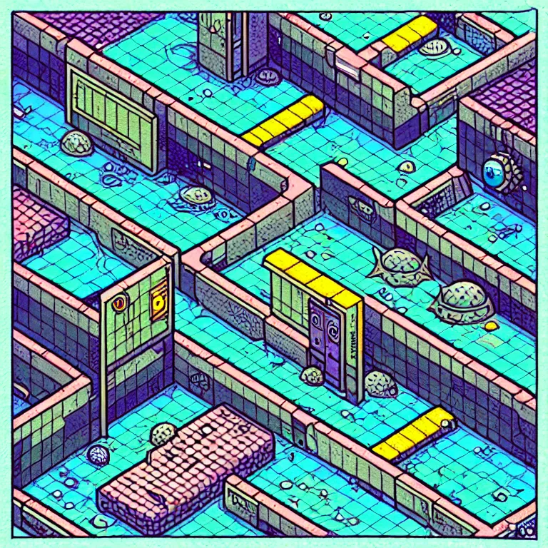 Image similar to an absurdly-detailed isometric cyberpunk alleyway colored-pen drawing as a fancy square tile. Sea-life in a submerged-city.