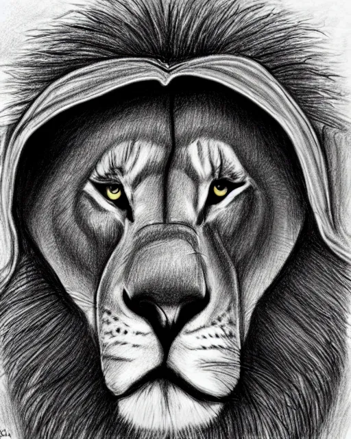Image similar to a pencil drawing of an anthropomorphic lion wear a hoodie, head shot, by Pen Tacular