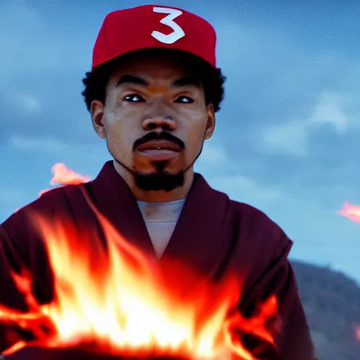 Image similar to cinematic film still of Chance The Rapper starring as a Samurai holding fire, Japanese CGI, VFX, 2022, 40mm lens, shallow depth of field, film photography