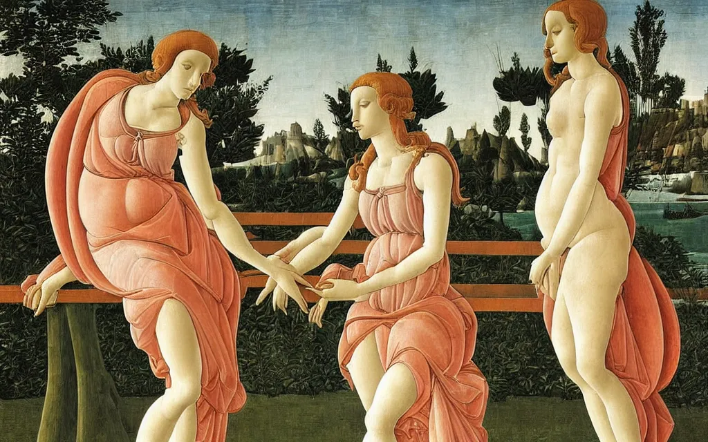 Prompt: sandro botticelli. very soft, delicate light. venus standing on a park bench in a modern city.