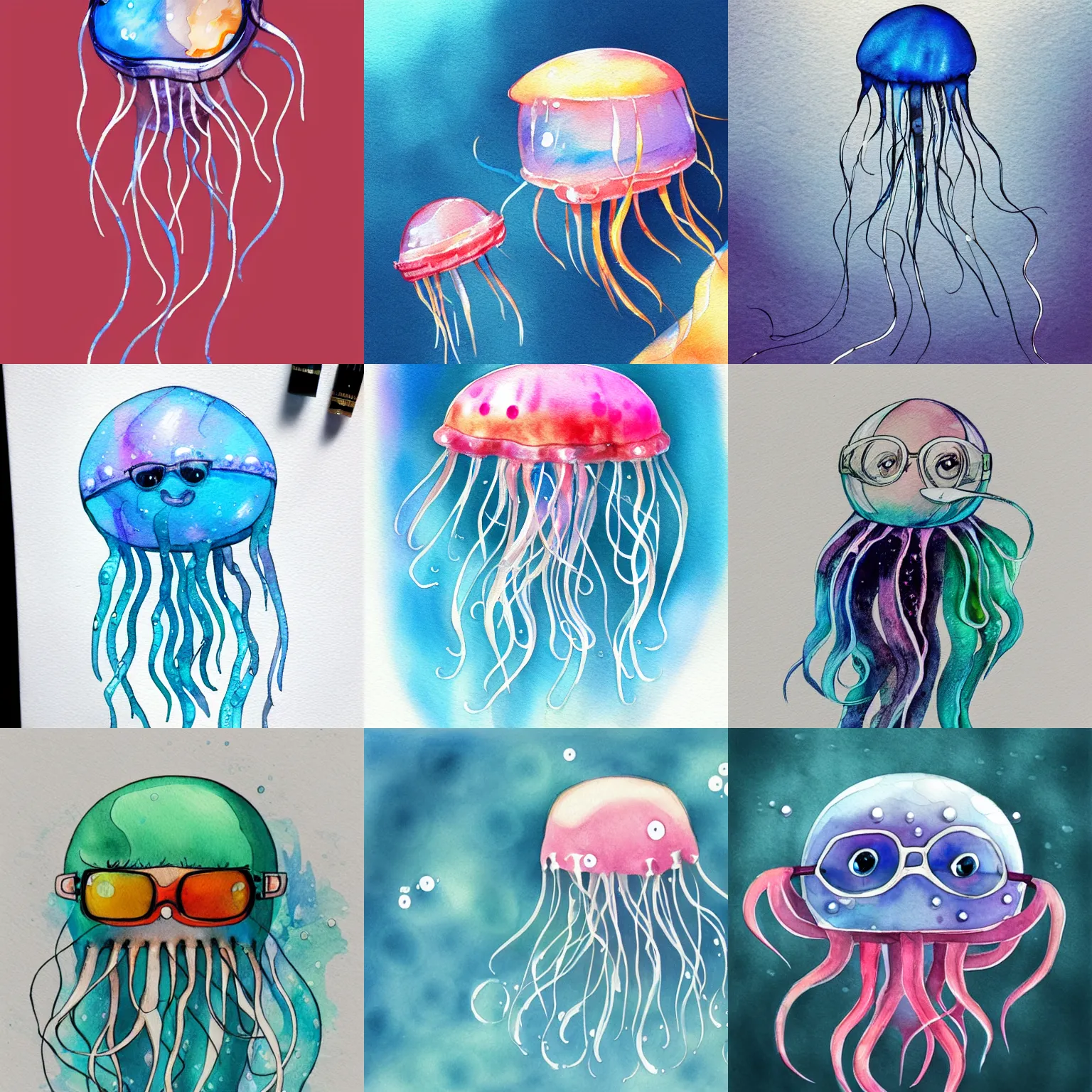 Prompt: a jellyfish wearing glasses, glasses frames, artstation, water bubbles, watercolor