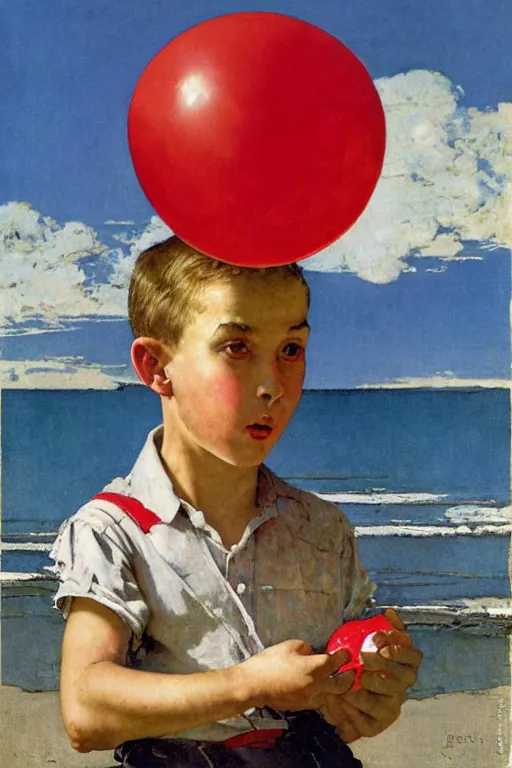 Image similar to a painting by Norman Rockwell of a young boy holding a red balloon at the beach, with dramatic clouds over the sea