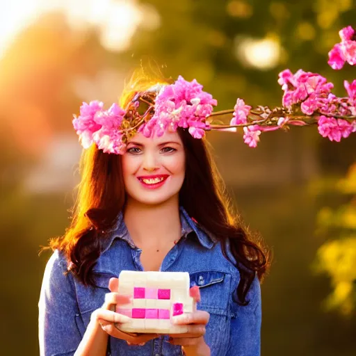 Prompt: beautiful advertising photo of a woman holding scented soap bricks up to the viewer, smiling, summer outdoors photography at sunrise, bokeh, bloom effect