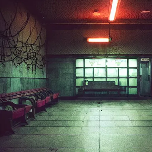 Prompt: A train station platform in the Upside Down from Stranger Things, spooky, vines everywhere, horror movie atmosphere, film still from Stranger Things