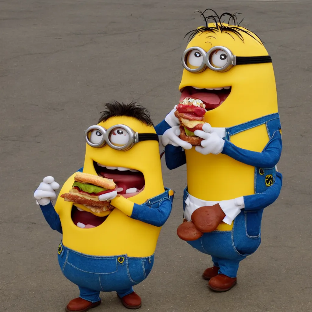 Image similar to stuart the minion eating a cheeseburger