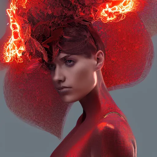 Image similar to a highly detailed digital image of a futuristic woman elegantly wrapped with fiery red leaves, by Andrea Chiampo, artstation and Frederik Heyman, extremely detailed woman, stunning volumetric lighting, hyper realism, fantasy 4k