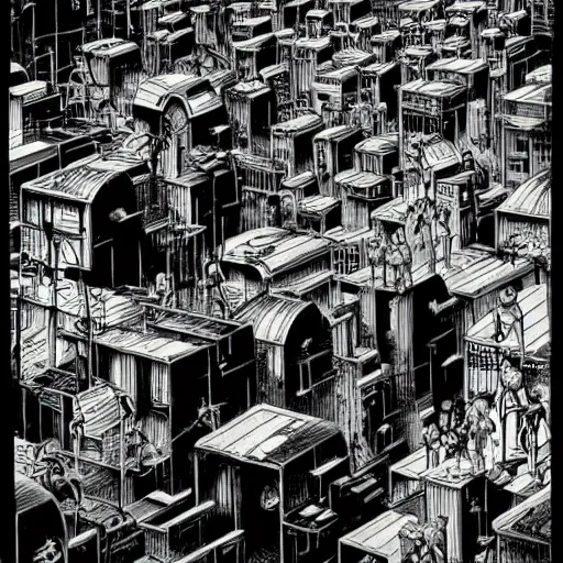 Image similar to biopunk underground bunker, crowded city, small favela-like suburb, gerald brom and andy warhol and steve ditko, 1998