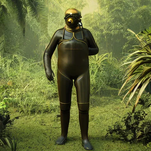 Prompt: a man wearing a 1 9 0 0 diving suit, walking through a lush jungle, realistic octane render, ray traced, god rays, extremely high detail