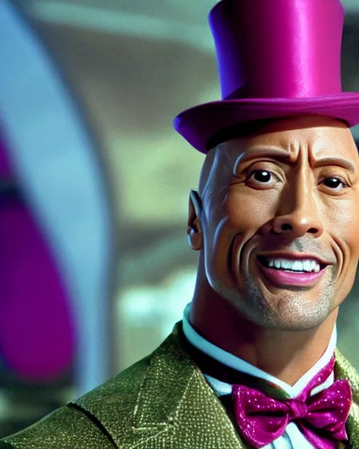 Image similar to Film still close-up shot of Dwayne Johnson as Willy Wonka from the movie Willy Wonka & The Chocolate Factory. Photographic, photography