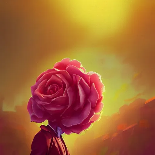 Image similar to closeup, giant rose flower head, frontal, girl in a suit, surreal photography, sunrise, dramatic light, impressionist painting, digital painting, artstation, simon stalenhag