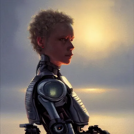 Prompt: portrait of robocop, sunset, gorgeous view, depth, painted by seb mckinnon, high detail, digital art, painted by greg rutkowski, trending on artstation