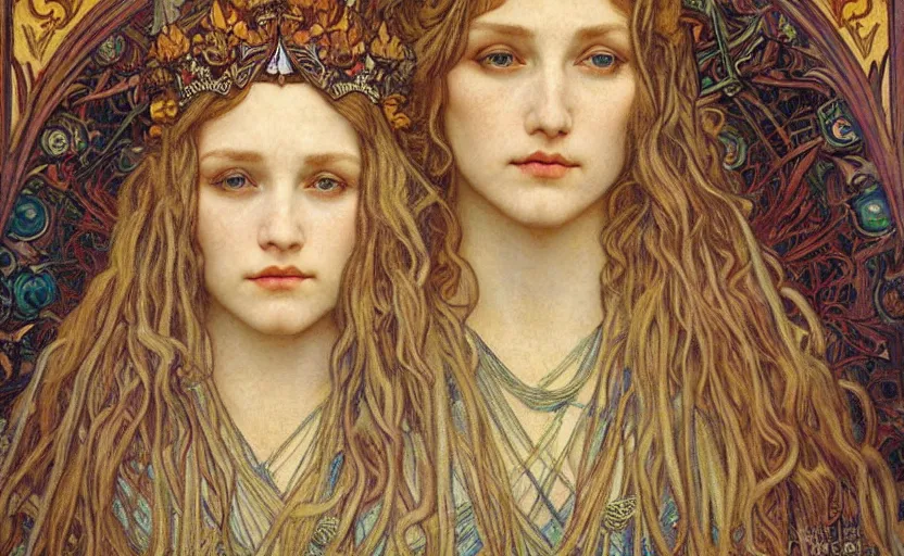 Image similar to detailed realistic beautiful young medieval queen face portrait by jean delville, alphonse mucha, vincent van gogh, and marco mazzoni, art nouveau, symbolist, visionary, gothic, pre - raphaelite