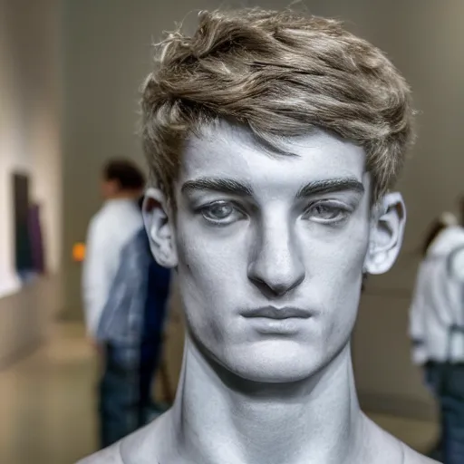 Image similar to a realistic detailed photo of a guy who is an attractive humanoid who is half robot and half humanoid, who is a male android, twitch streamer ninja tyler blevins, shiny skin, posing like a statue, blank stare, at the museum, on display