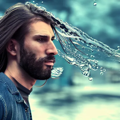 Prompt: an action portrait of a man with long hair, dynamic, motion blur, headshot, water droplets, by robert capa, trending on artstation, octane render, unreal engine 5