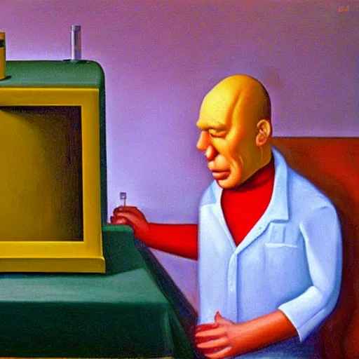 Image similar to a scientist invents a teleporter, grant wood, pj crook, edward hopper, oil on canvas