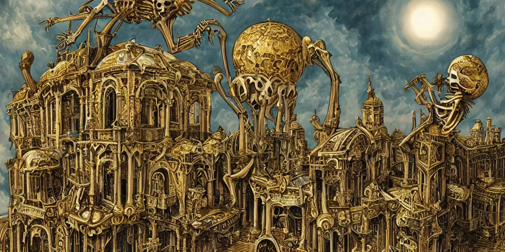 Image similar to a beautiful painting of skeleton fantasy gold world with architecture design haasan fatahy by aaron horkey, trending on artstation