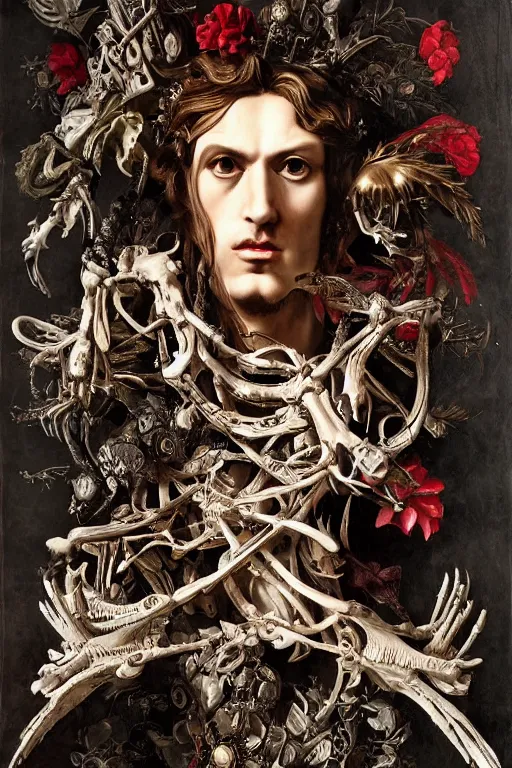 Prompt: Detailed maximalist portrait a greek god with large lips and with large white eyes, exasperated expression, botany bones, HD mixed media, 3D collage, Grimm fury takes character, highly detailed and intricate, surreal illustration in the style of Caravaggio, dark art, baroque