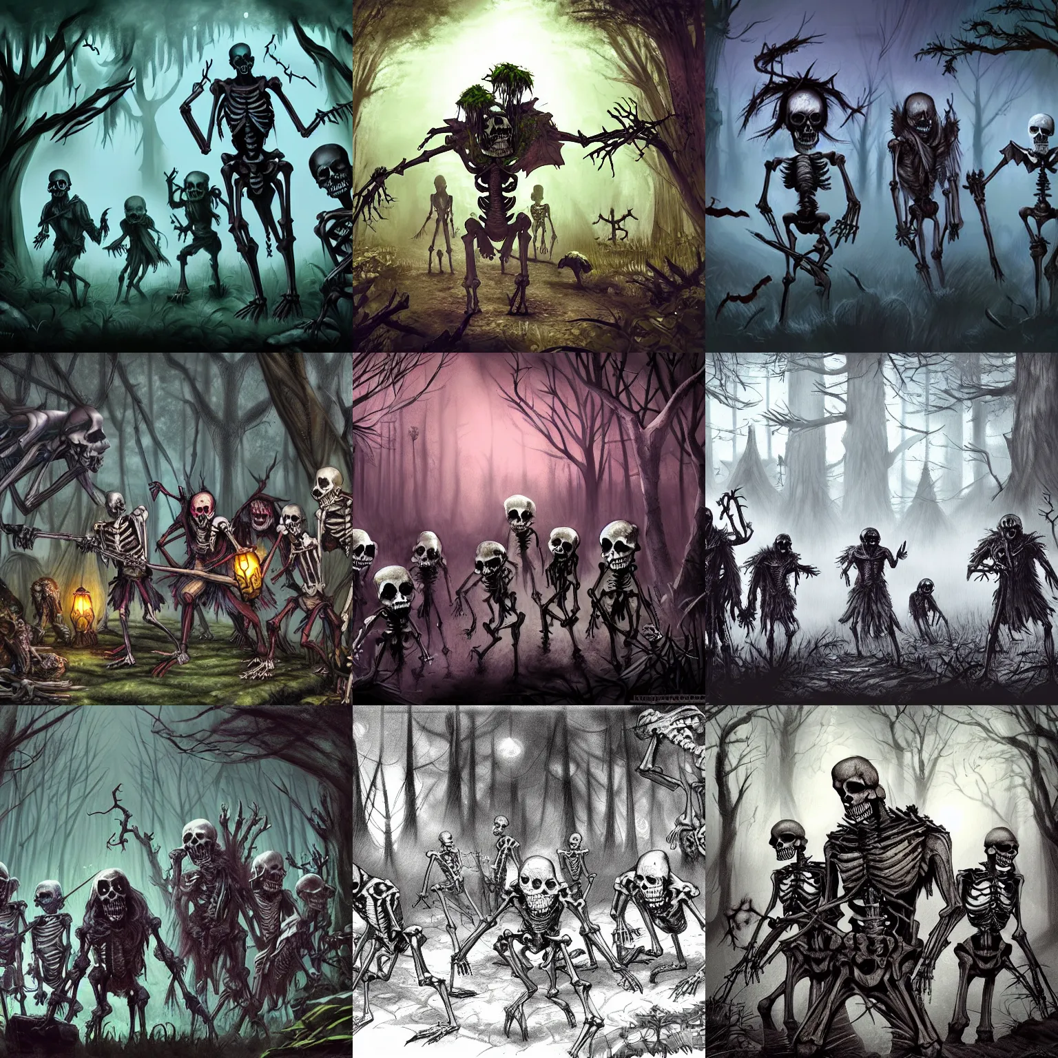 Prompt: a group of dangerous skeletons and zombies in a forest at night, d & d, concept art, fantasy art