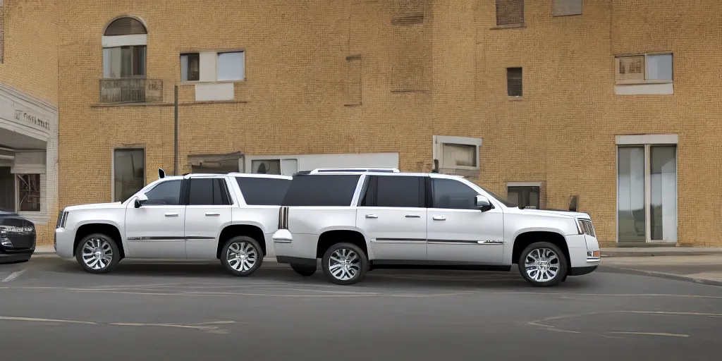 Prompt: A photo of a white SUV based on a Cadillac Escalade and Chevrolet Tahoe, isometric view