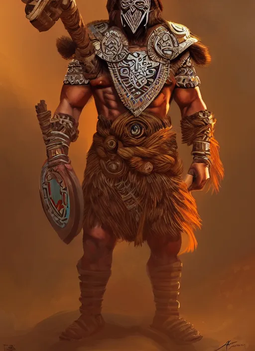 Image similar to a highly detailed illustration of tribal masked aztec warrior wearing brown robe, heroic fist pose, muscular, intricate, elegant, highly detailed, centered, digital painting, artstation, concept art, smooth, sharp focus, league of legends concept art, wlop.