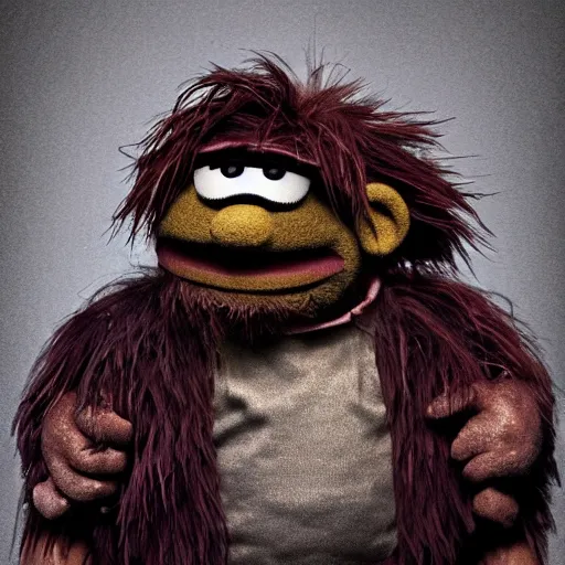 Image similar to a still of a forgotten muppet character looking very manly and modern, hilarious, laughing, hairy chest, huge chin, manly monster tough guy, roughled fur, photo real, photographic, photograph, artstation, trending, featured