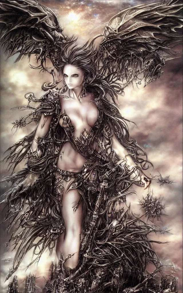 Image similar to sky heavy metal airbrush fantasy 80s by luis royo, masterpiece