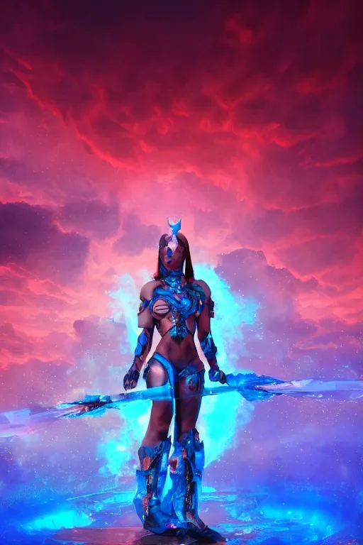 Prompt: warrior woman in glowing azure armor standing in hell which is sliced by a iridescent glass cracks shattering the sky , crimson clouds, besinski style , 6 billion demons style, background art deco palace, photorealism, 8k, artstation trending, Ray Tracing, octane renderer, high detail, vollumetric lighting