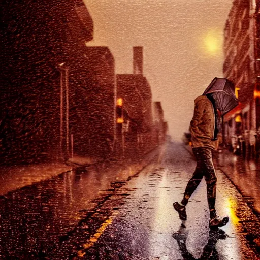 Image similar to lava man walking on a rainy street in a abandoned city, golden hours, heat wave, 4 k photoshop, photorealistic, 1 0 0 m, sharp focus, bokeh