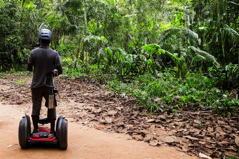 Prompt: a colonial closeup photograph of a Segway in a village at the river bank of Congo , Thick jungle, scary, evil looking, wide angle shot