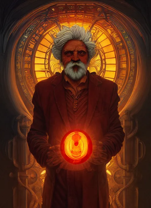 Image similar to the god hephaestus, old man, fiery hair, glowing eyes, volumetric lights, yellow and red scheme, art nouveau botanicals, gothic, intricate, highly detailed, digital painting, artstation, concept art, smooth, sharp focus, symmetric face, illustration, steampunk, art by artgerm and greg rutkowski and alphonse mucha