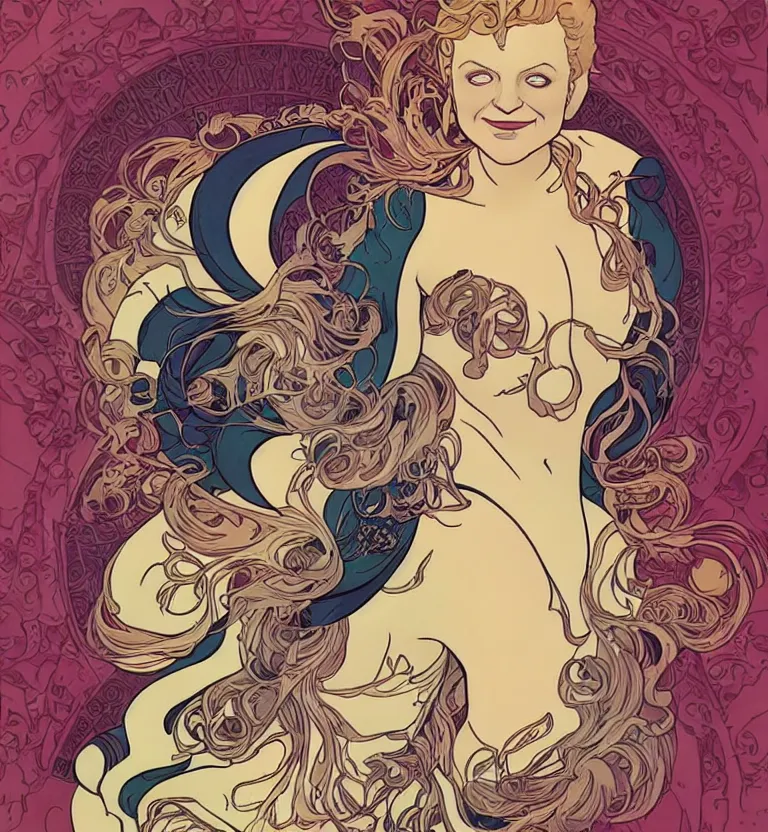 Image similar to Elizabeth Moss by Jamie McKelvie comic art, art nouveau, Peter Mohrbacher, Alphonse Mucha, full body shot