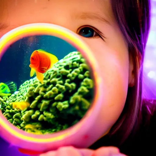 Prompt: closeup portrait of beautiful kid looking through a aquarium fish ball in a tent, mandarin fish, at night with neon lights, excitement, surprise, happiness, professional photoshoot, kodak portra, photographed in film, soft and detailed, realistic, bokeh