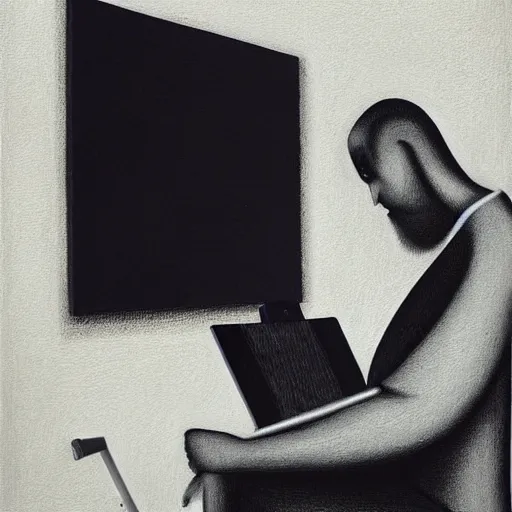 Image similar to a painting of a man drawing a painting. by gertrude abercrombie. precisionism, surrealism, dark, low contrast, featured on pixiv, art on instagram, detailed painting