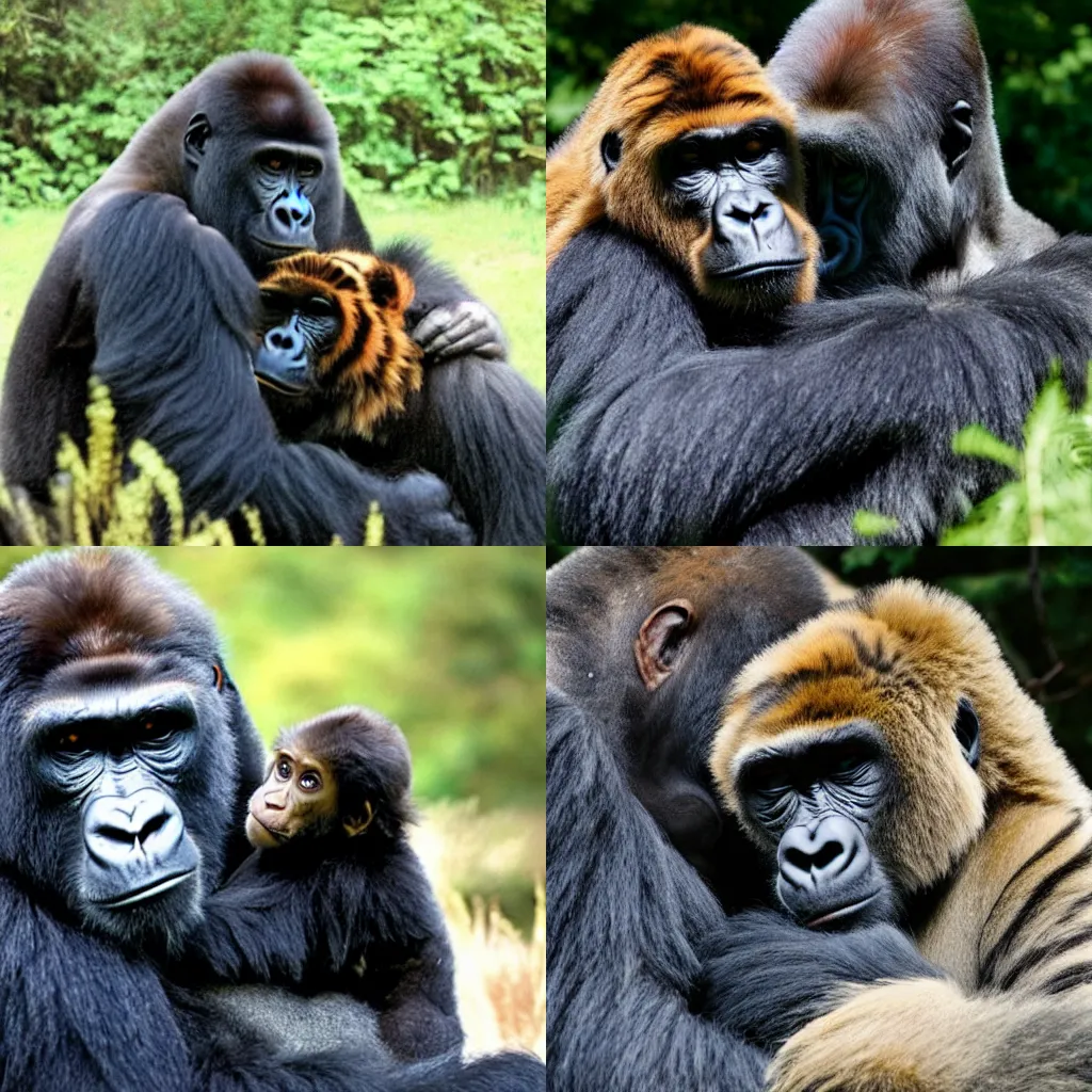 Image similar to a Gorilla hugging a Tiger