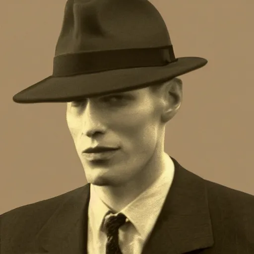 Image similar to A photograph portrait of Jerma985 wearing a suit with and fedora in the 1950s, taken in the early 1950s, grainy, taken on a 1950s Kodak Camera, realistic, hyperrealistic, very realistic, highly detailed, very detailed, extremely detailed, detailed, digital art, trending on artstation