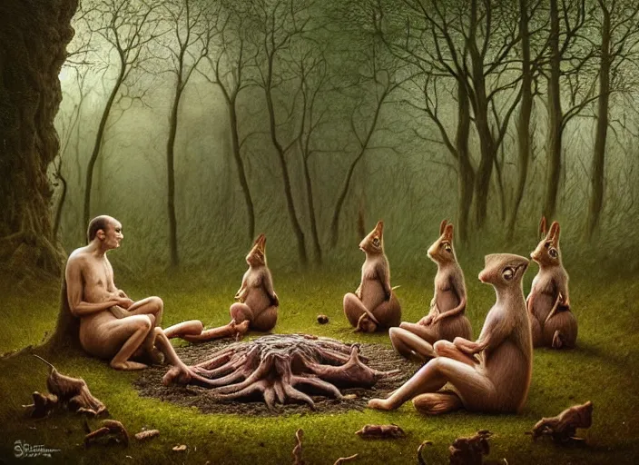 Image similar to photo, squirrels sitting around a gory circle, woodland location, stefan kostic and david cronenberg, realistic, sharp focus, 8 k high definition, intricate, chiaroscuro, elegant, perfect faces, symmetrical face, extremely detailed, hypnotic eyes, realistic, fantasy art, masterpiece zdzislaw beksinski, national geographic, artgerm
