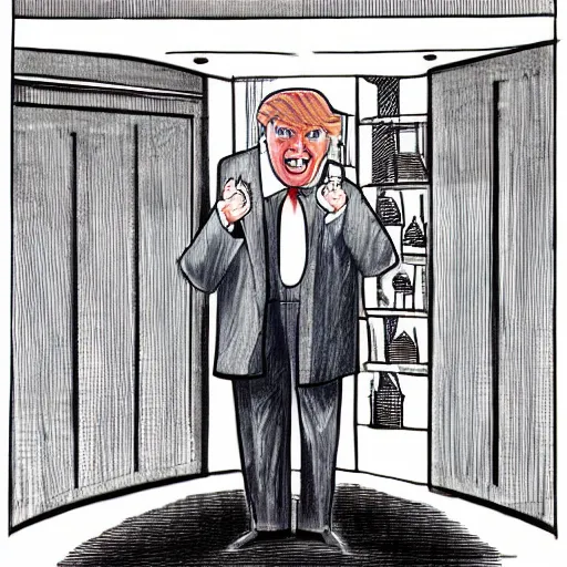 Prompt: commercial drawing of a donald trump who thinks he is in an ordinary house, but clues show he is actually in hell