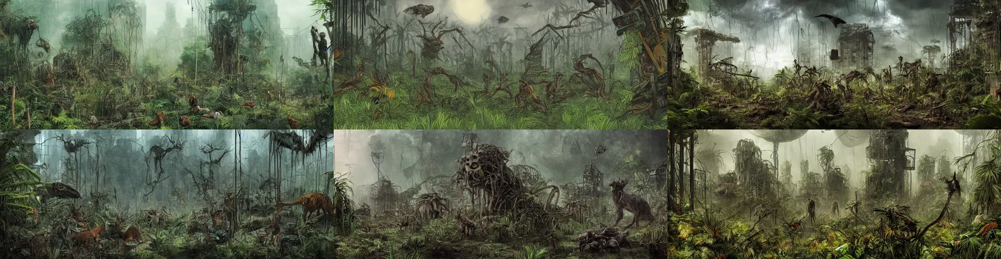 Image similar to dystopian apocalyptic jungle with creatures