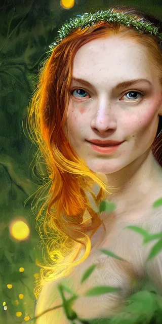 Image similar to young woman, serene smile, surrounded by firefly lights, full covering intricate detailed dress, amidst nature, long red hair, precise linework, accurate green eyes, small nose with freckles, beautiful smooth oval shape face, empathic, expressive emotions, dramatic lights, hyper realistic ultrafine art by artemisia gentileschi, jessica rossier, boris vallejo