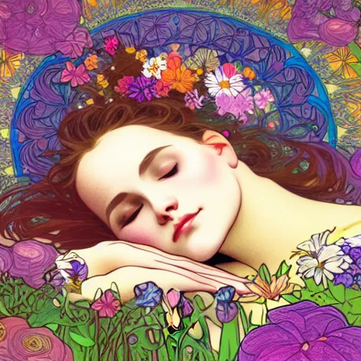 Image similar to a woman sleeping in the middle of flowers, confident pose, intricate, elegant, illustration, sensual, highly detailed, concept art, impressionist, art nouveau, trending on artstation, lisa frank, alfons mucha